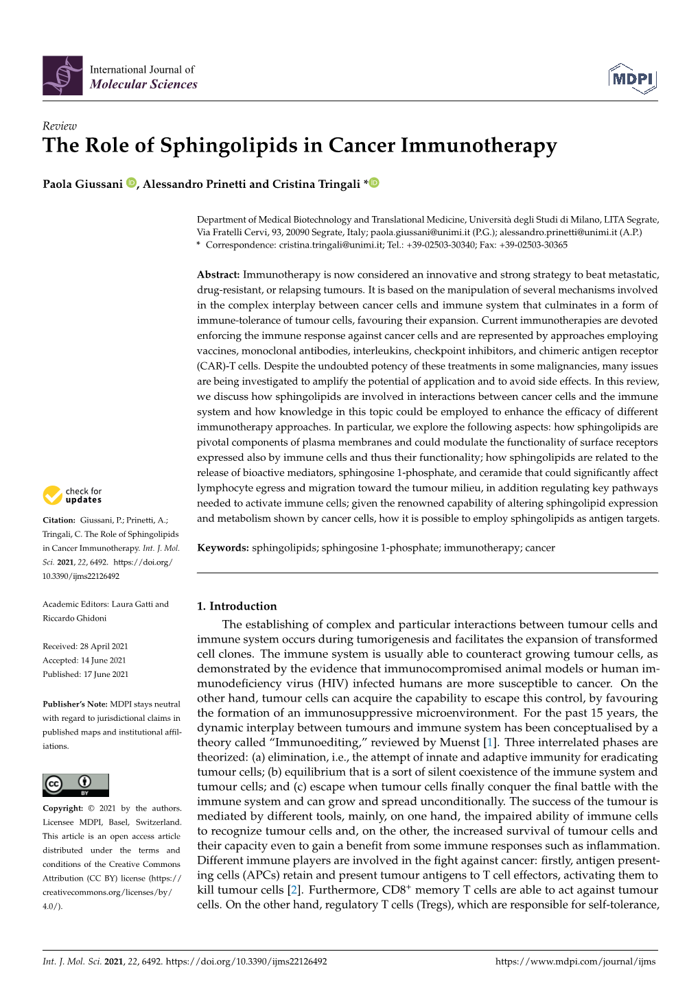 The Role of Sphingolipids in Cancer Immunotherapy