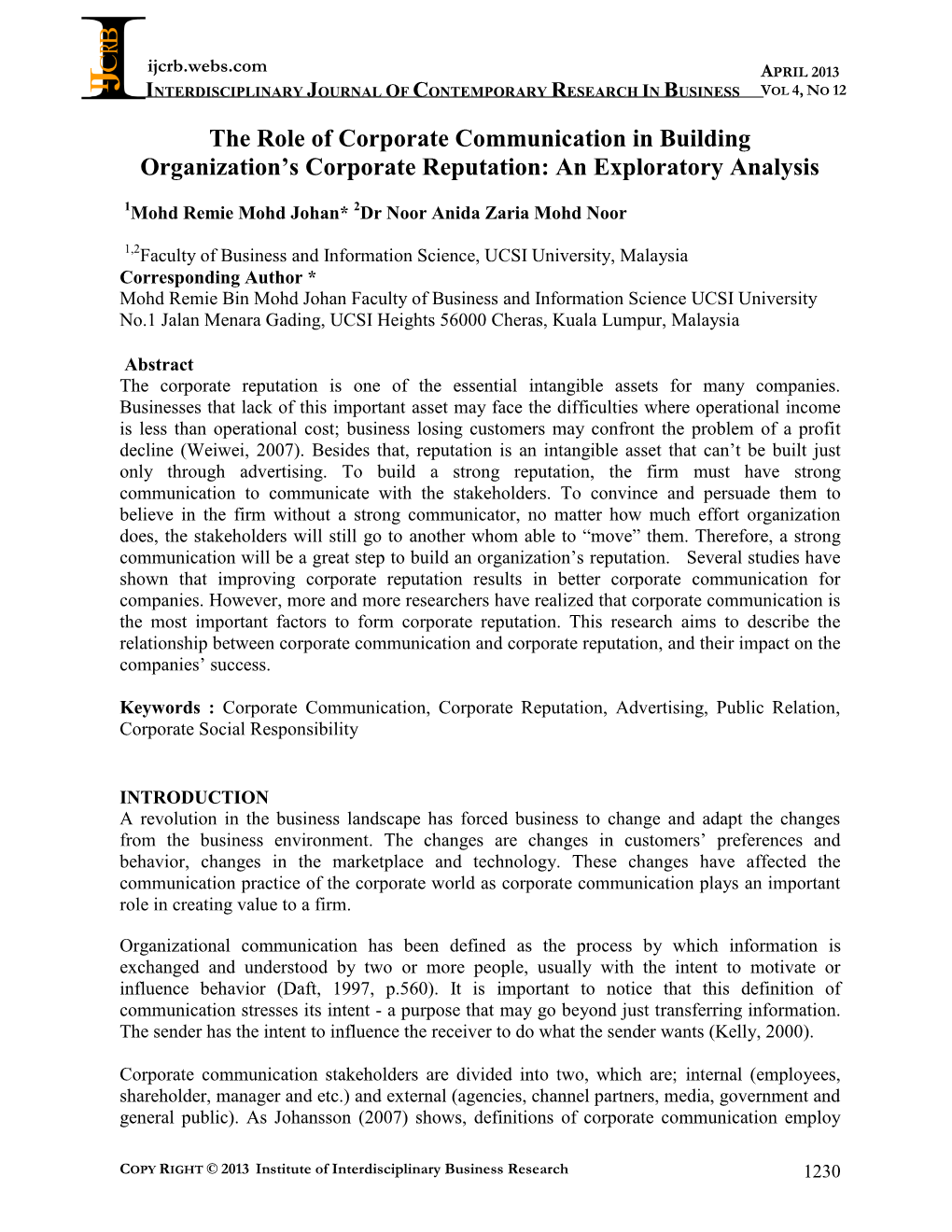The Role of Corporate Communication in Building Organization’S Corporate Reputation: an Exploratory Analysis