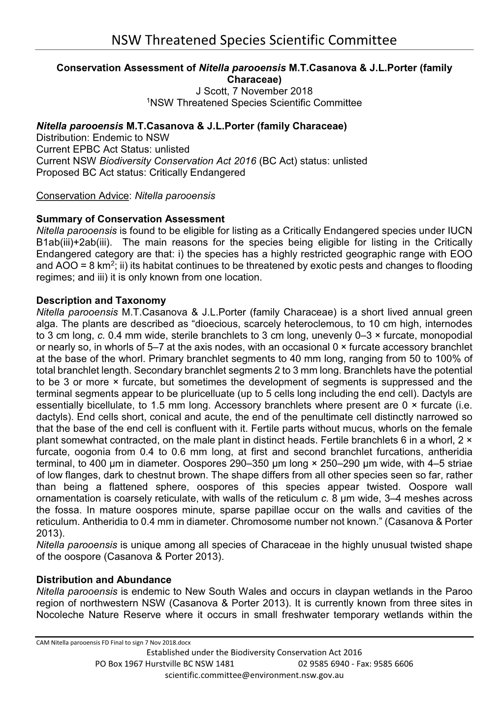 Conservation Assessment of Nitella Parooensis M.T.Casanova & J.L.Porter (Family Characeae) J Scott, 7 November 2018 1NSW Threatened Species Scientific Committee