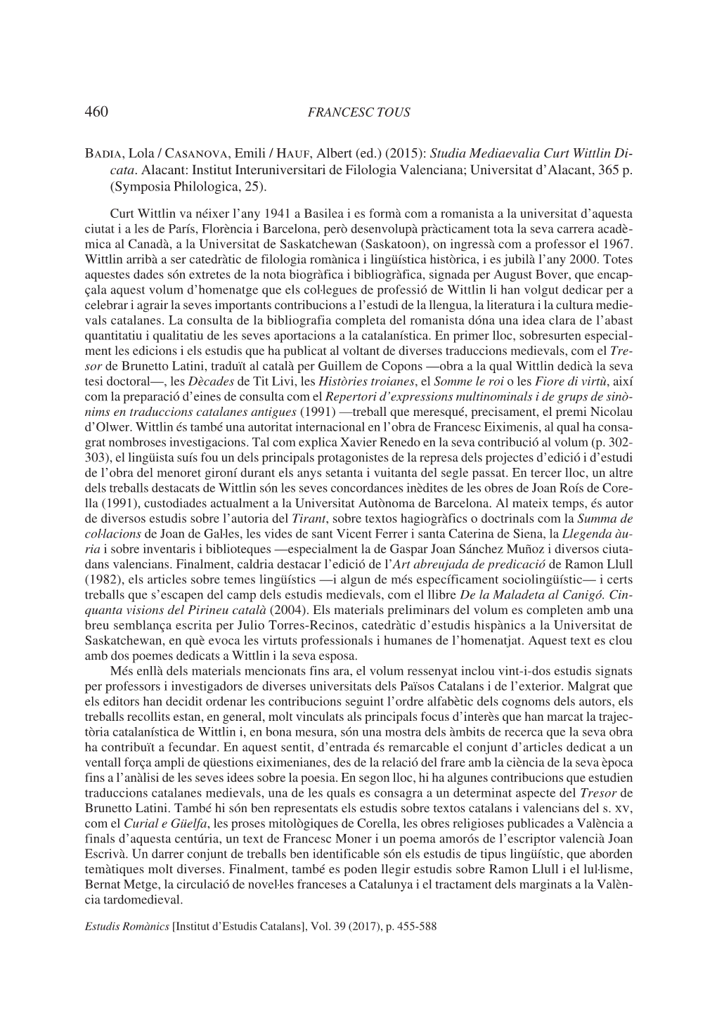 (Ed.) (2015): Studia Mediaevalia Curt Wittlin Di- Cata. Alacant