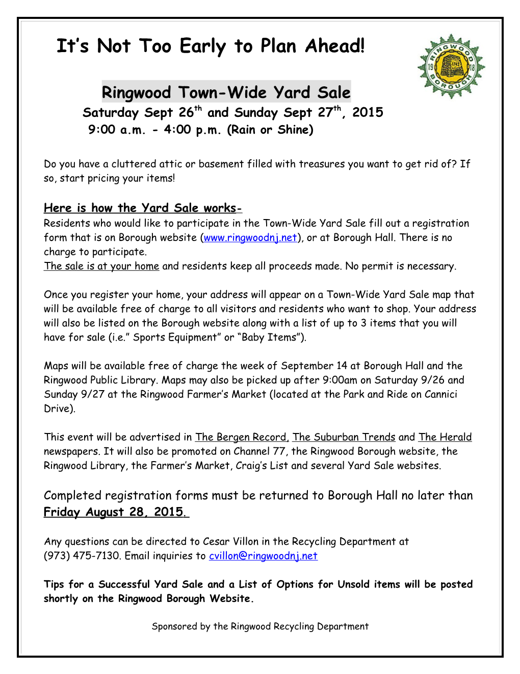 The Borough of Ringwood Is Sponsoring a Town-Wide Yard Sale That Will Take Place on Saturday