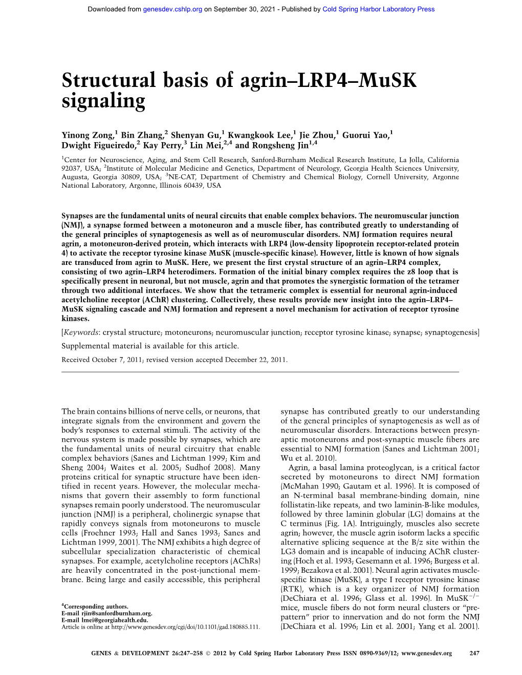 Structural Basis of Agrin–LRP4–Musk Signaling