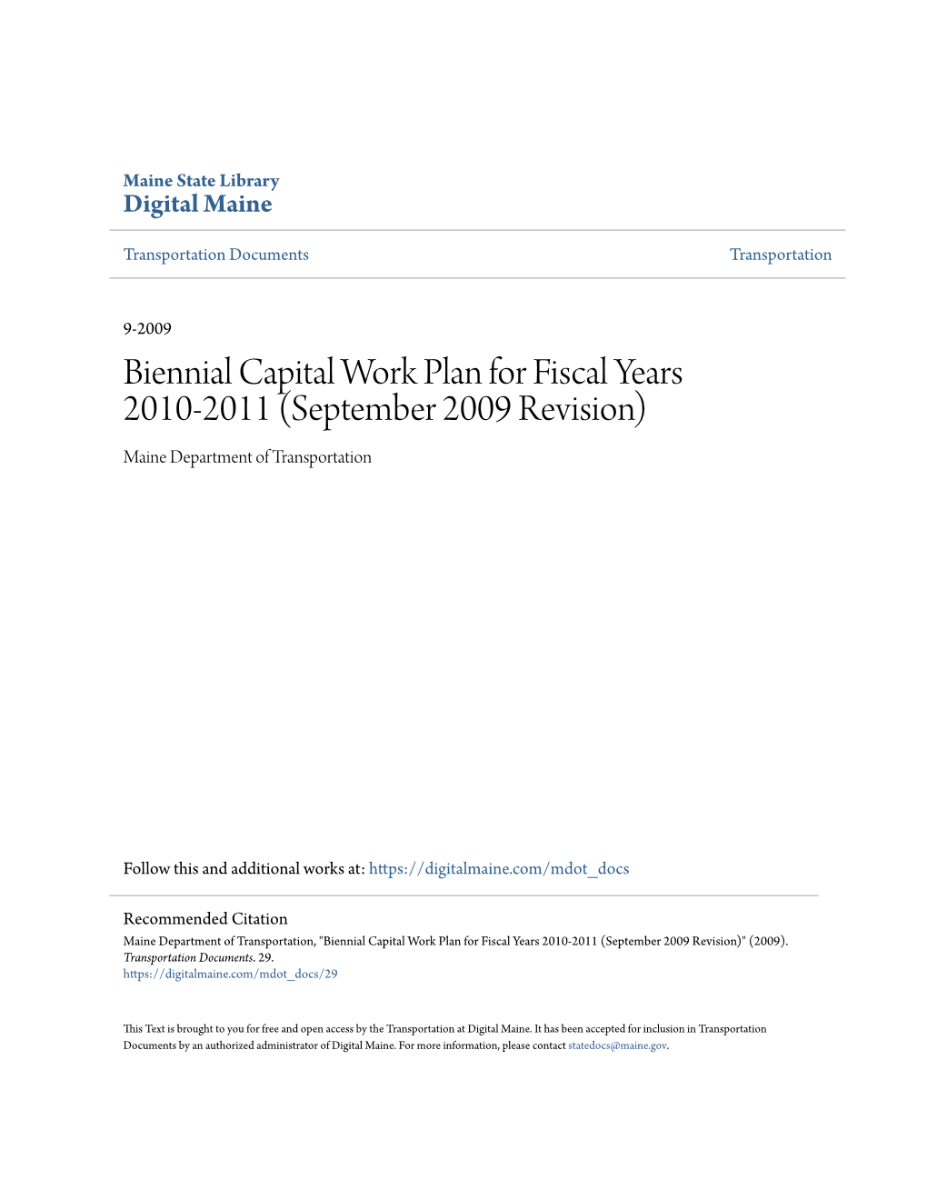 Biennial Capital Work Plan for Fiscal Years 2010-2011 (September 2009 Revision) Maine Department of Transportation