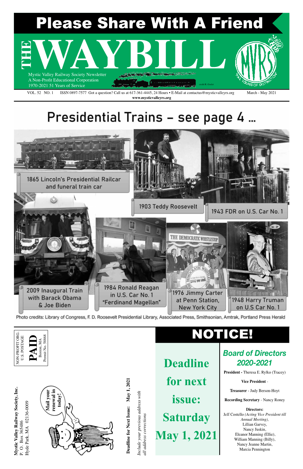 Please Share with a Friend the Mystic Valley Railway Society Newsletter a Waybillnon-Profit Educational Corporation 1970-2021 51 Years of Service Credit R