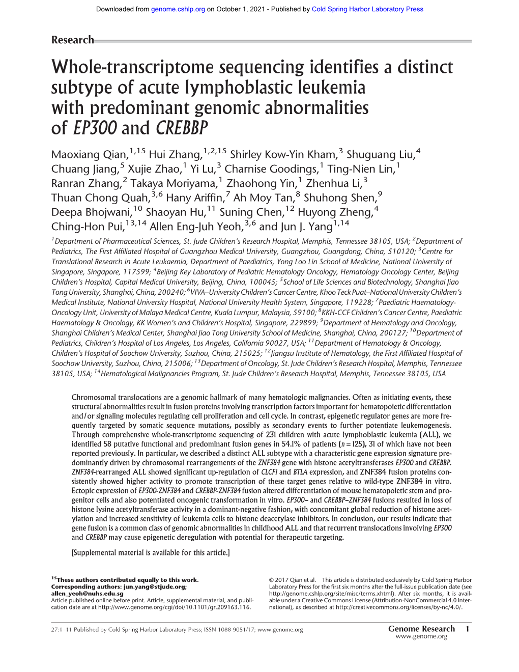 Whole-Transcriptome Sequencing Identifies a Distinct Subtype of Acute Lymphoblastic Leukemia with Predominant Genomic Abnormalities of EP300 and CREBBP