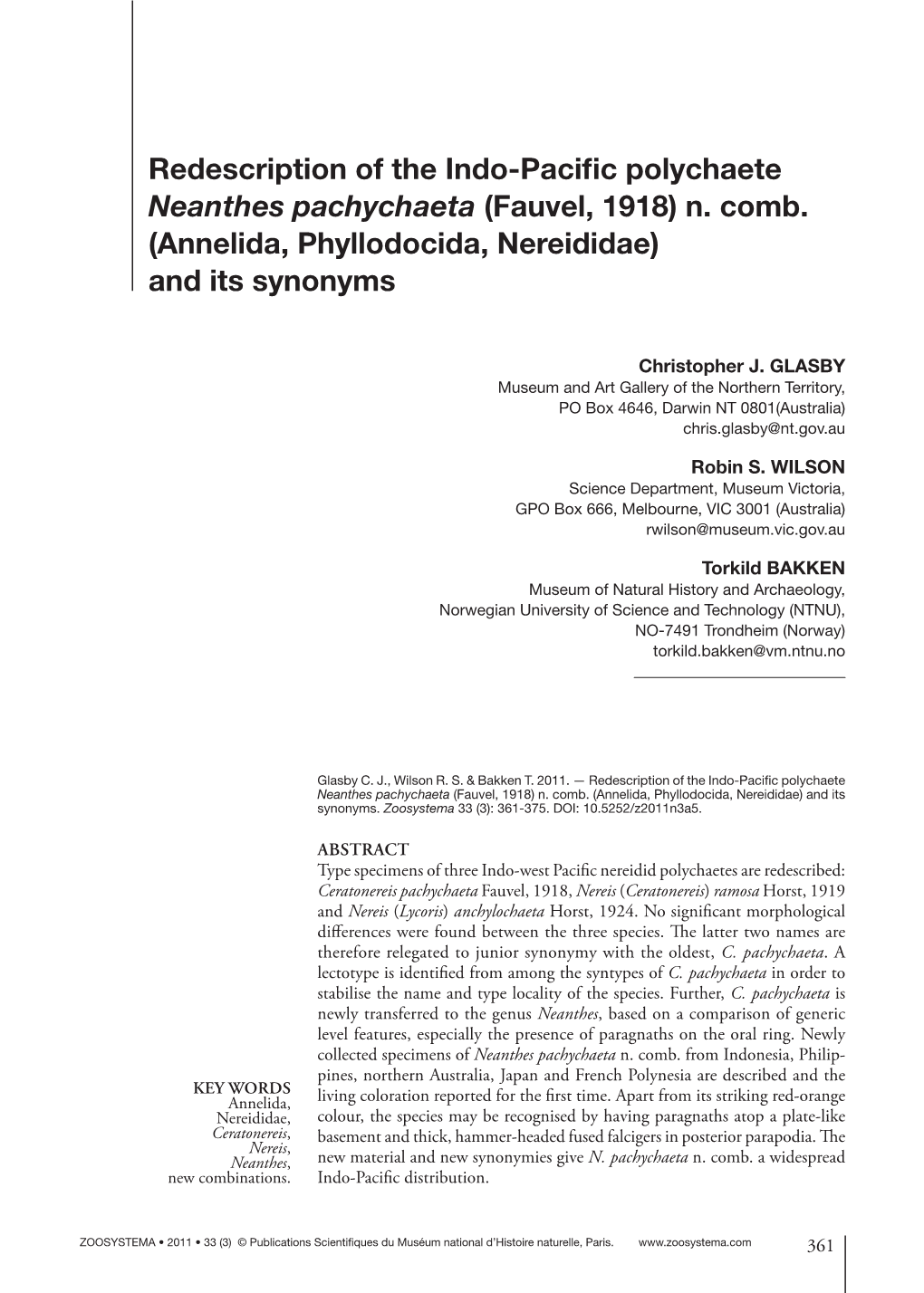 Redescription of the Indo-Pacific Polychaete Neanthes Pachychaeta