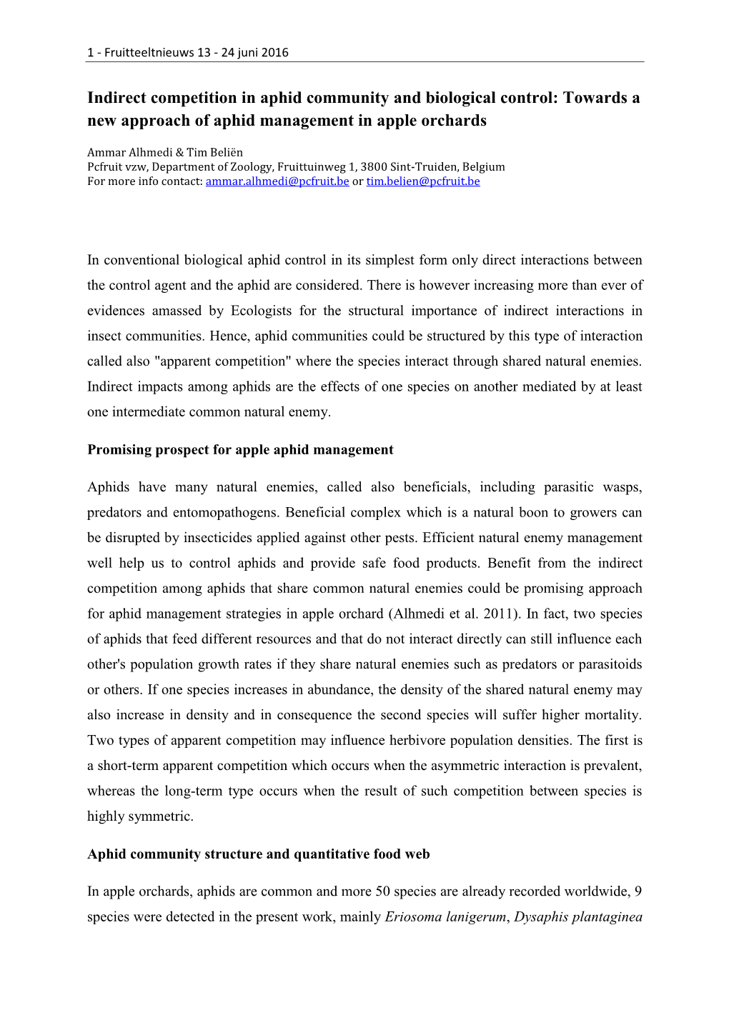 Towards a New Approach of Aphid Management in Apple Orchards