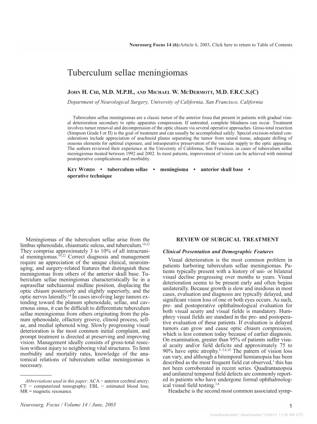 Tuberculum Sellae Meningiomas