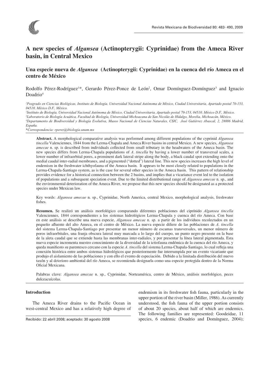 A New Species of Algansea (Actinopterygii: Cyprinidae) from the Ameca River Basin, in Central Mexico