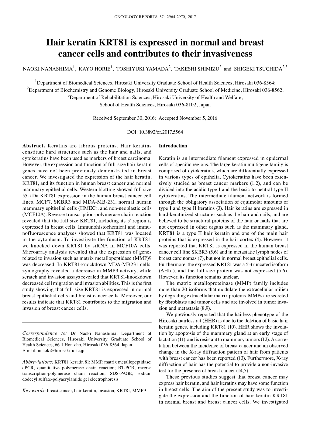 Hair Keratin KRT81 Is Expressed in Normal and Breast Cancer Cells and Contributes to Their Invasiveness