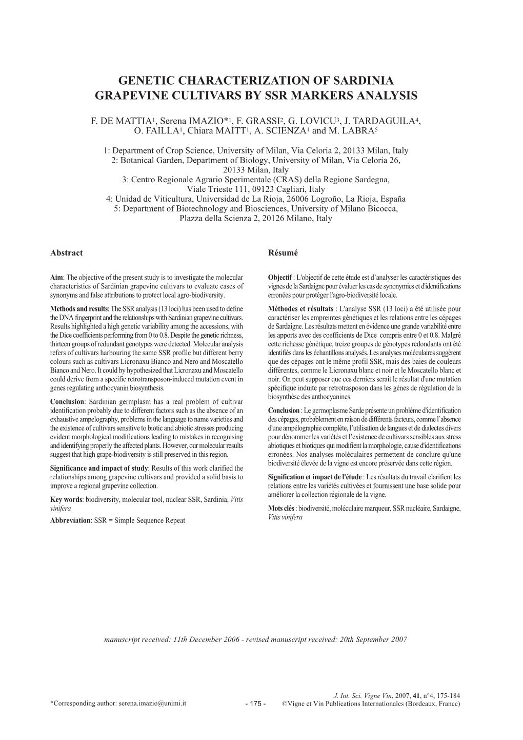 Genetic Characterization of Sardinia Grapevine Cultivars by Ssr Markers Analysis