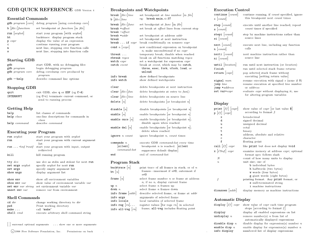 GDB QUICK REFERENCE GDB Version 4