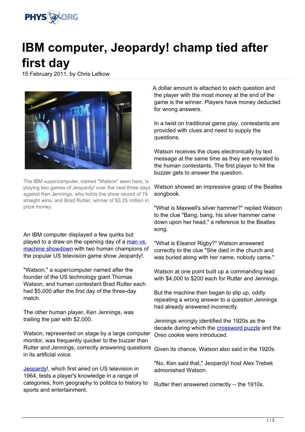 IBM Computer, Jeopardy! Champ Tied After First Day 15 February 2011, by Chris Lefkow