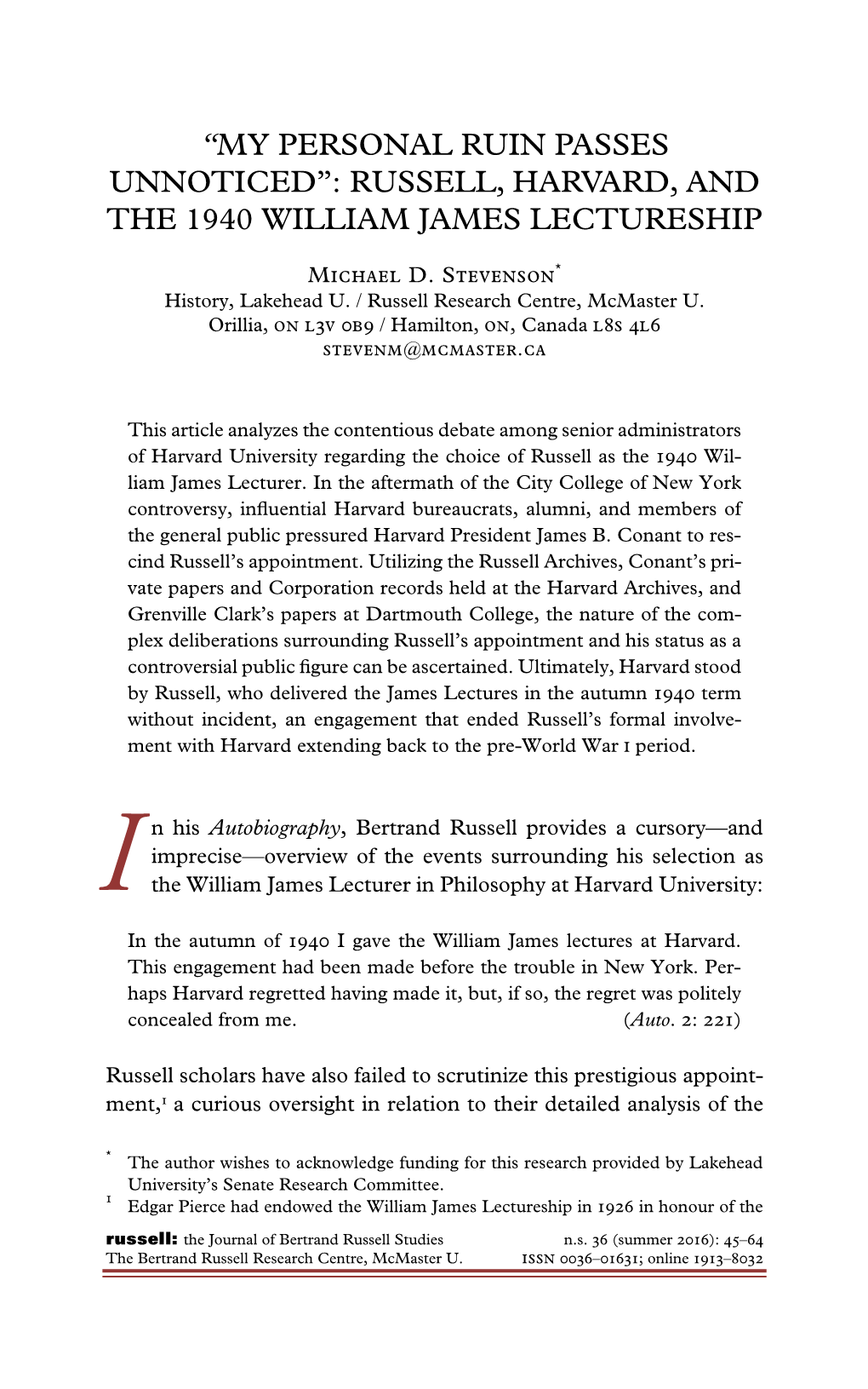 Russell, Harvard, and the 1940 William James Lectureship