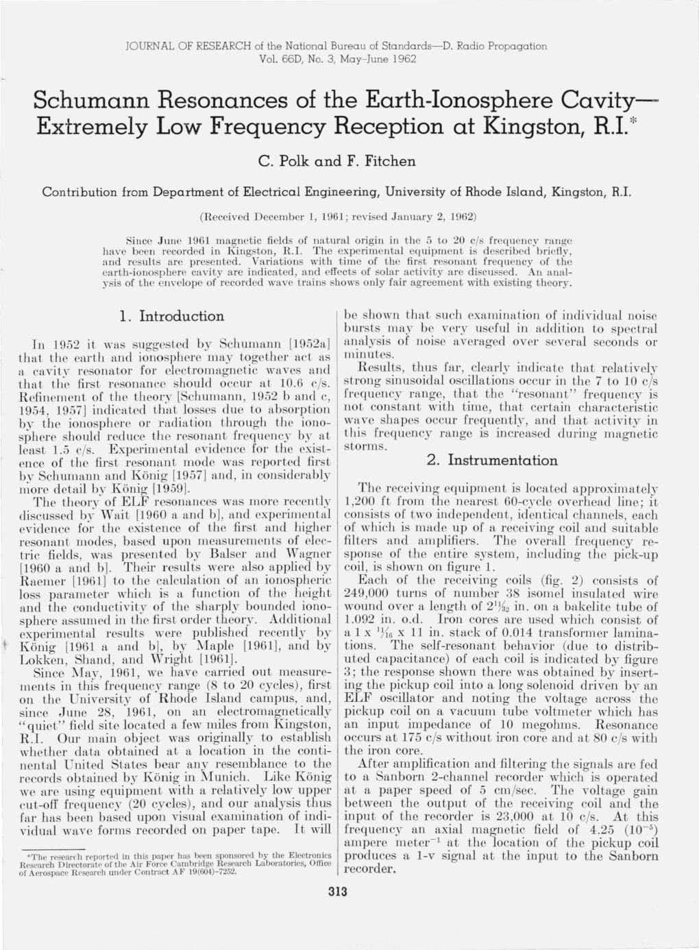 Schumann Resonances of the Earth-Ionosphere Cavity­ Extremely Low Frequency Reception at Kingston, R.I