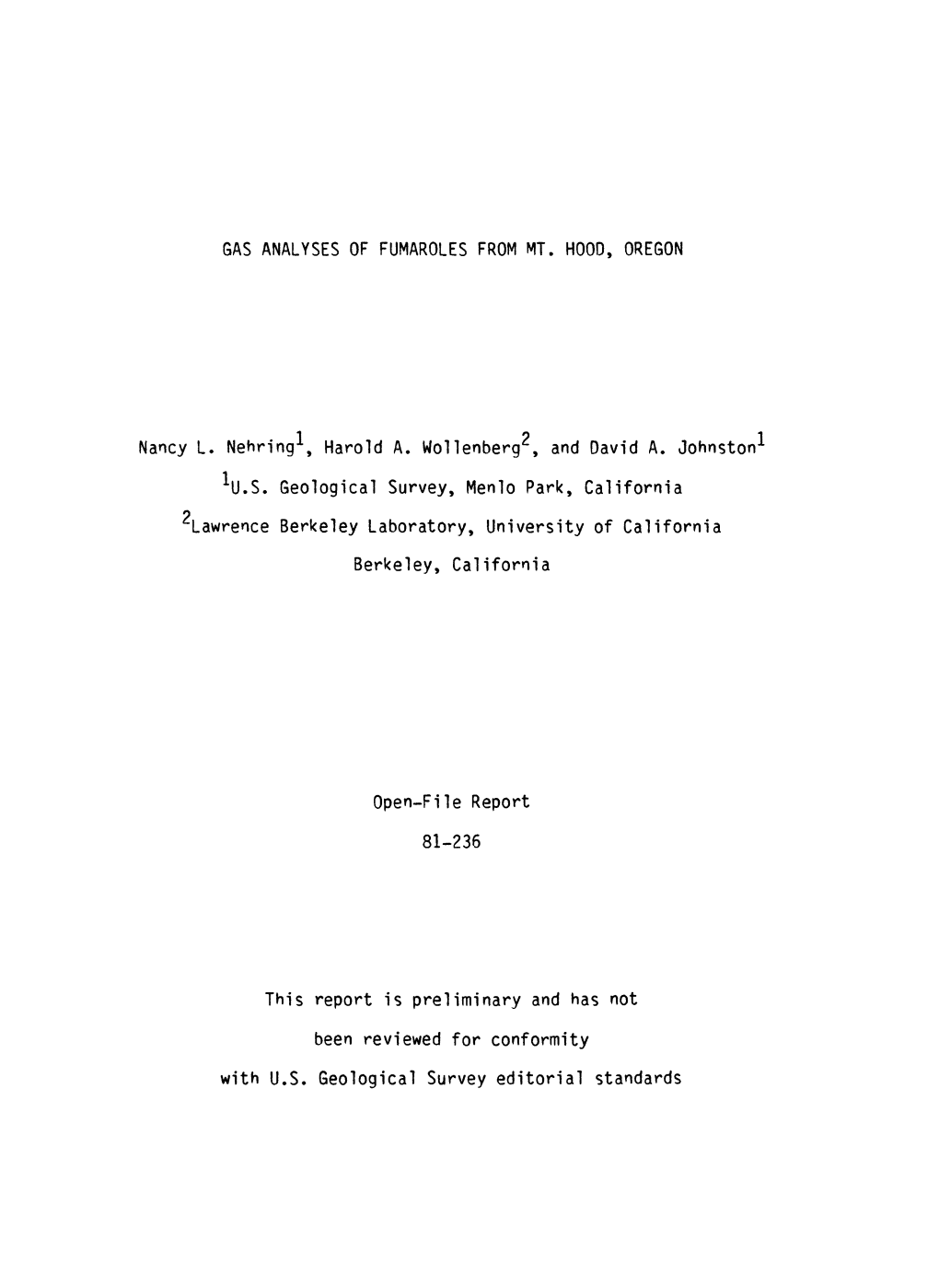 GAS ANALYSES of FUMAROLES from MT. HOOD, OREGON Nancy