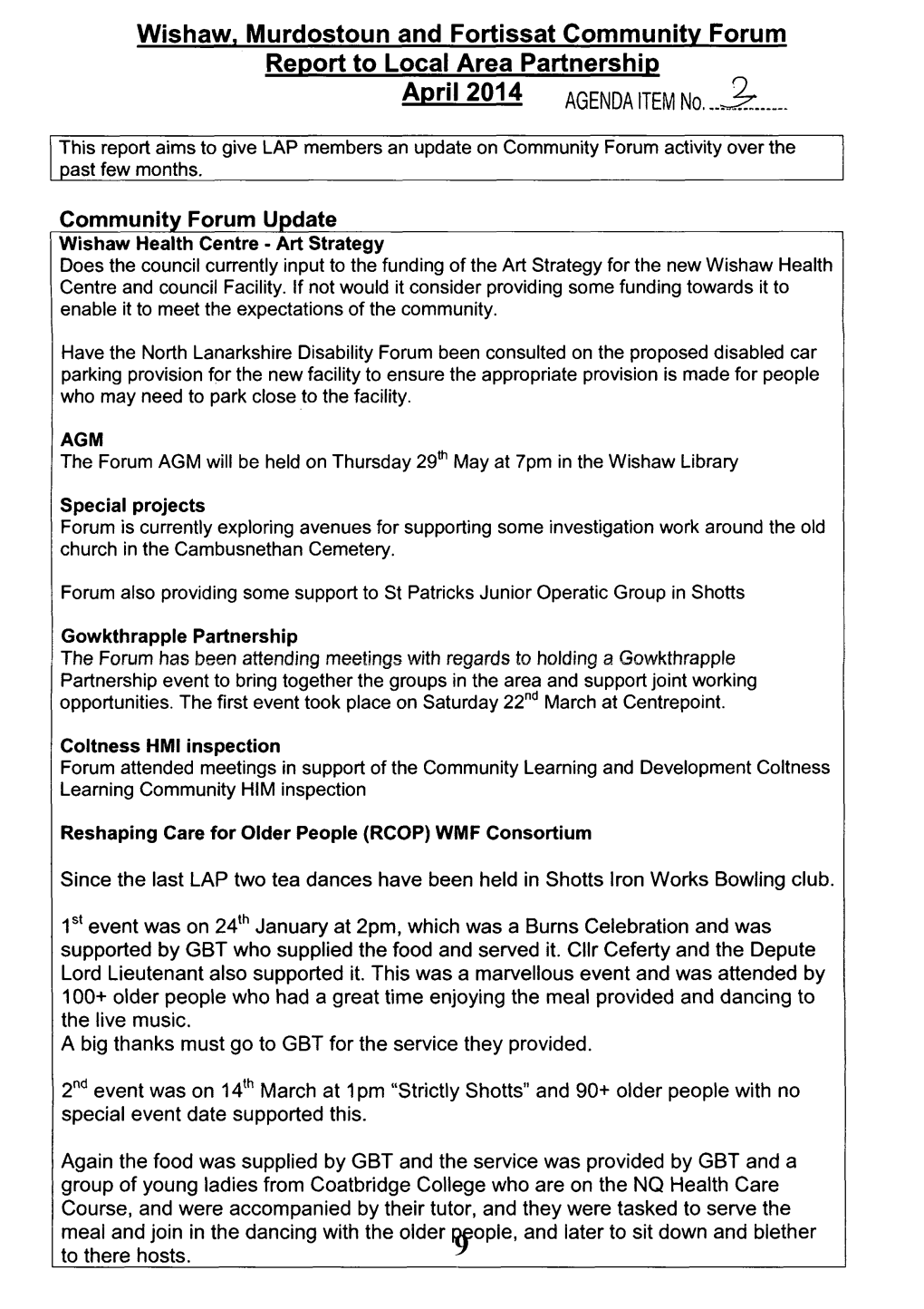 Wishaw, Murdostoun and Fortissat Community Forum Report to Local