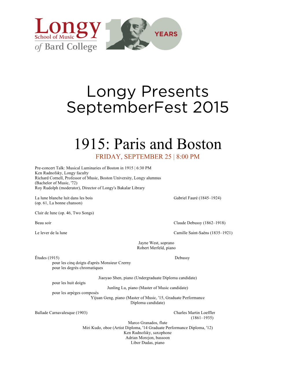 Longy Presents Septemberfest 2015 1915: Paris and Boston