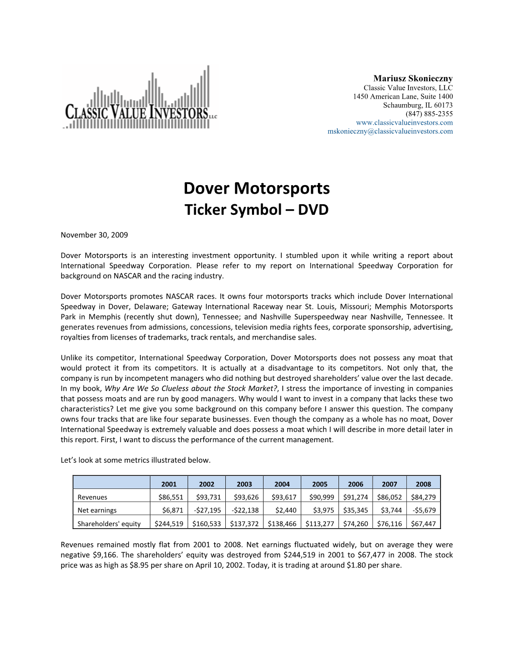Dover Motorsports Ticker Symbol – DVD