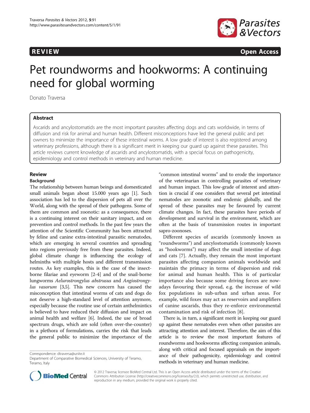 Pet Roundworms and Hookworms: a Continuing Need for Global Worming Donato Traversa