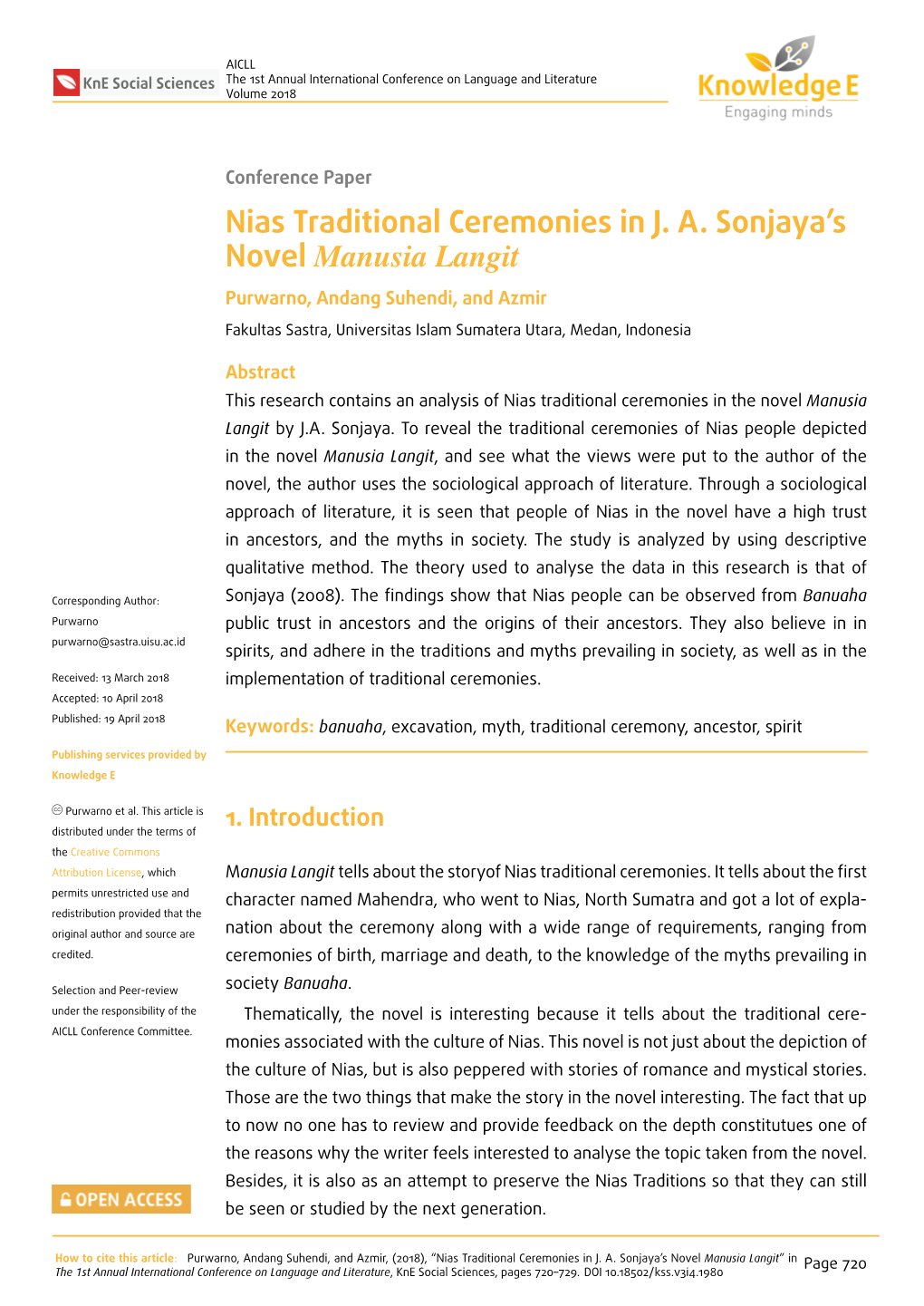 Nias Traditional Ceremonies in J. A. Sonjaya's Novel Manusia Langit