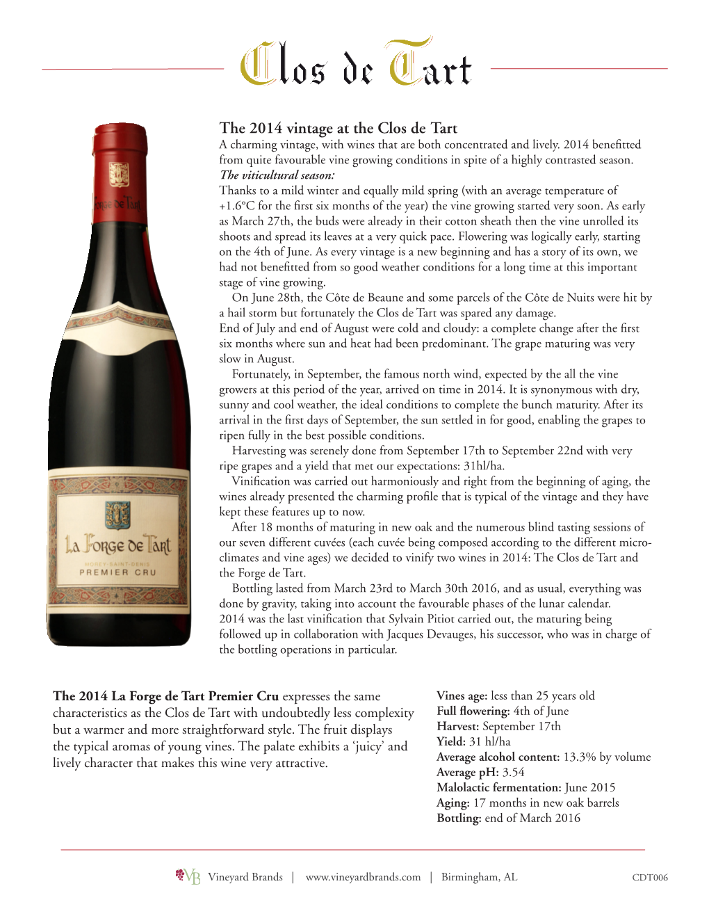 The 2014 Vintage at the Clos De Tart a Charming Vintage, with Wines That Are Both Concentrated and Lively