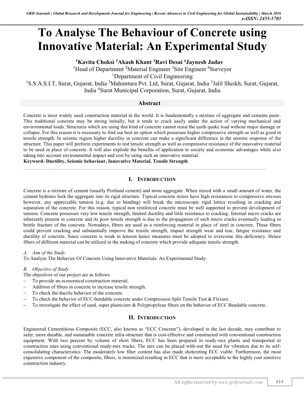 To Analyse the Behaviour of Concrete Using Innovative Material: an Experimental Study (GRDJE / CONFERENCE / RACEGS-2016 / 110)