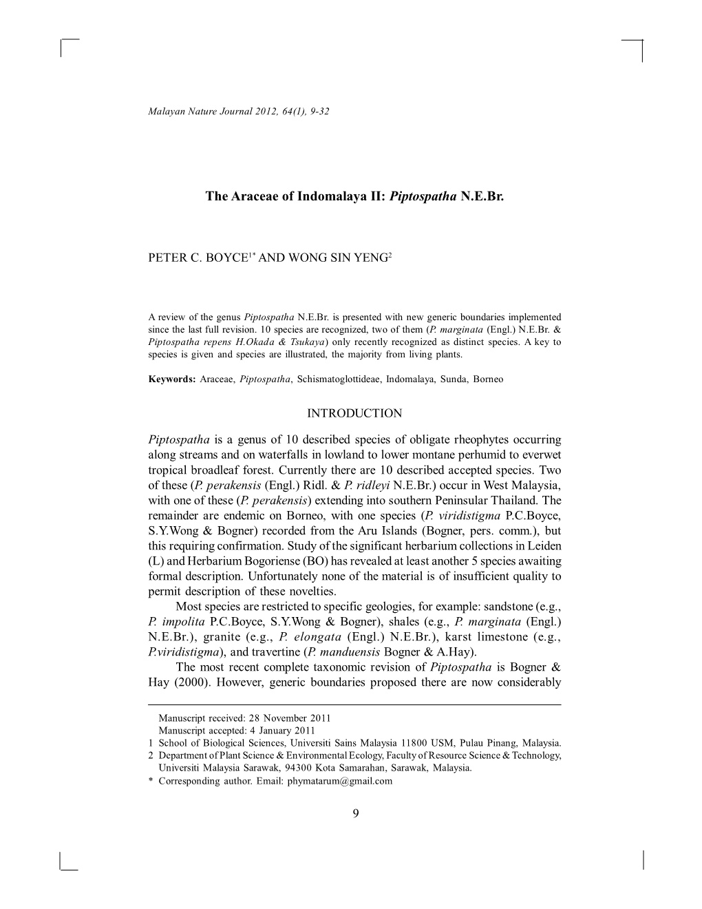 Wong S.Y. & P.C. Boyce. the Araceae of Indomalaya II: Piptospatha N.E