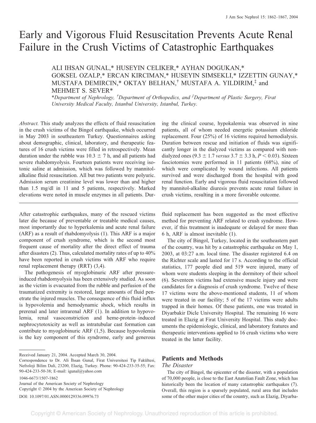 Early and Vigorous Fluid Resuscitation Prevents Acute Renal Failure in the Crush Victims of Catastrophic Earthquakes