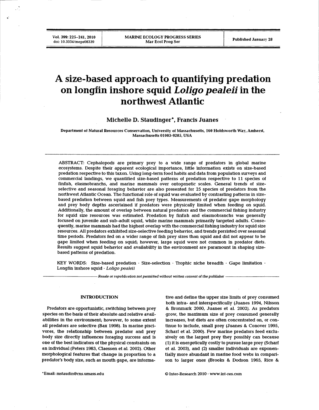 A Size-Based Approach to Quantifying Predation on Longfin Inshore Squid Loligo Pealeii in the Northwest Atlantic