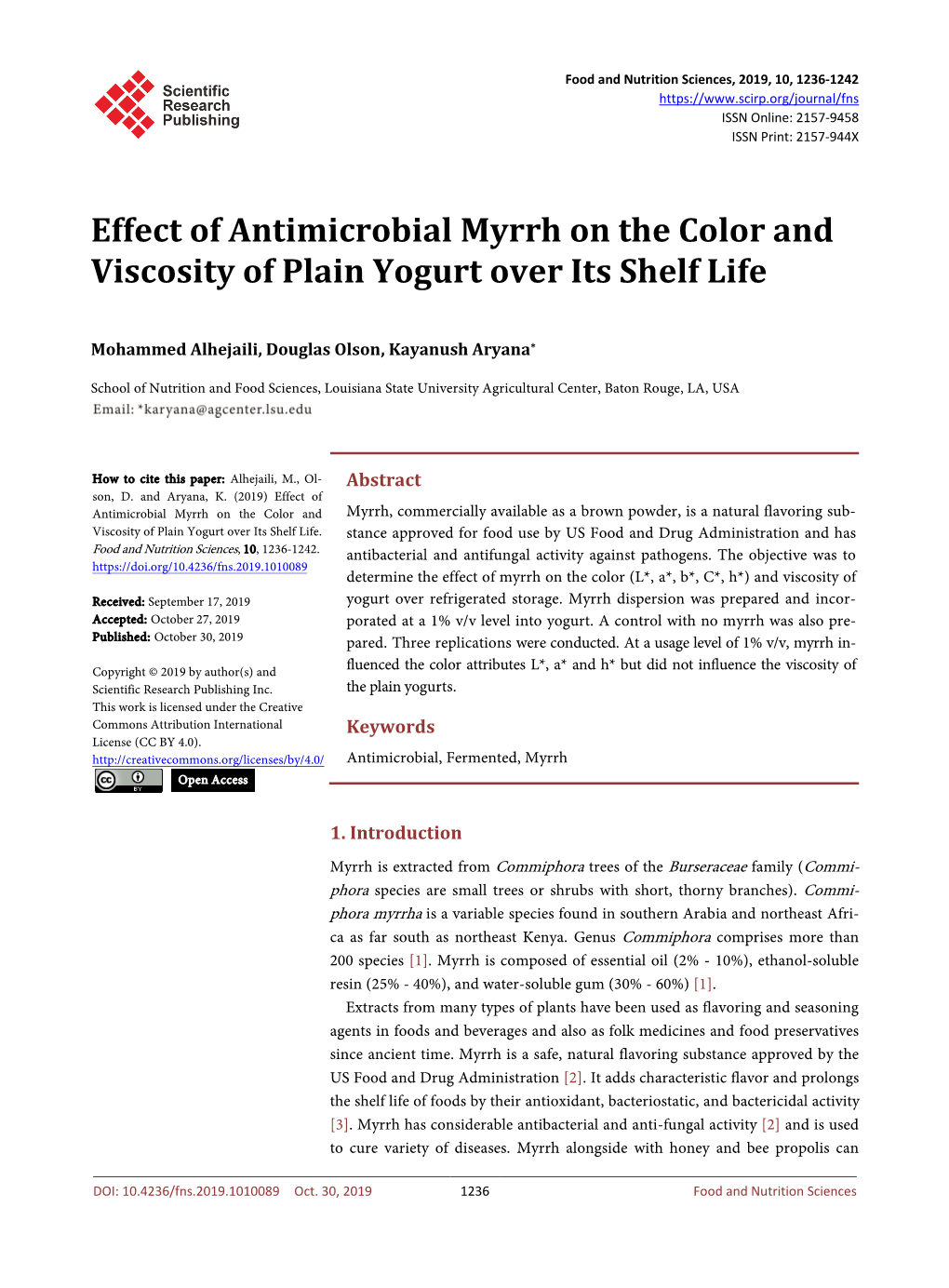 Effect of Antimicrobial Myrrh on the Color and Viscosity of Plain Yogurt Over Its Shelf Life