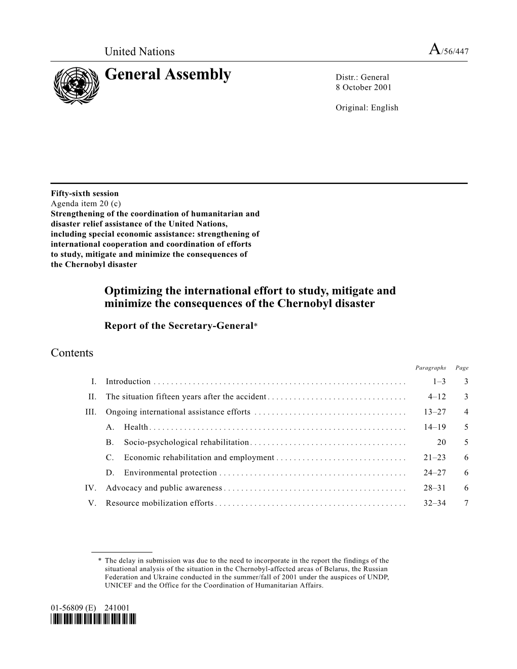 International Efforts Regarding Chernobyl, UNGA Report, 8 October 2001