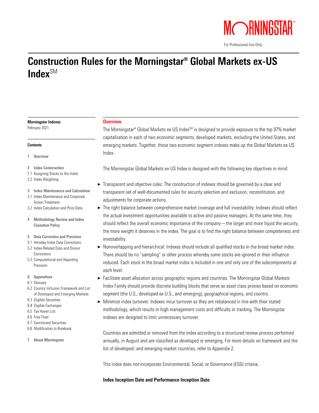 Construction Rules for the Morningstar® Global Markets Ex-US Indexsm