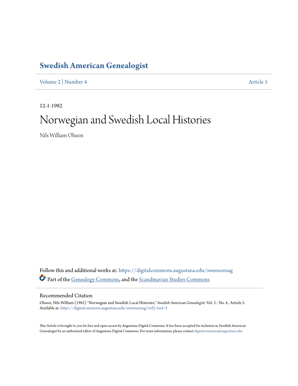 Norwegian and Swedish Local Histories Nils William Olsson