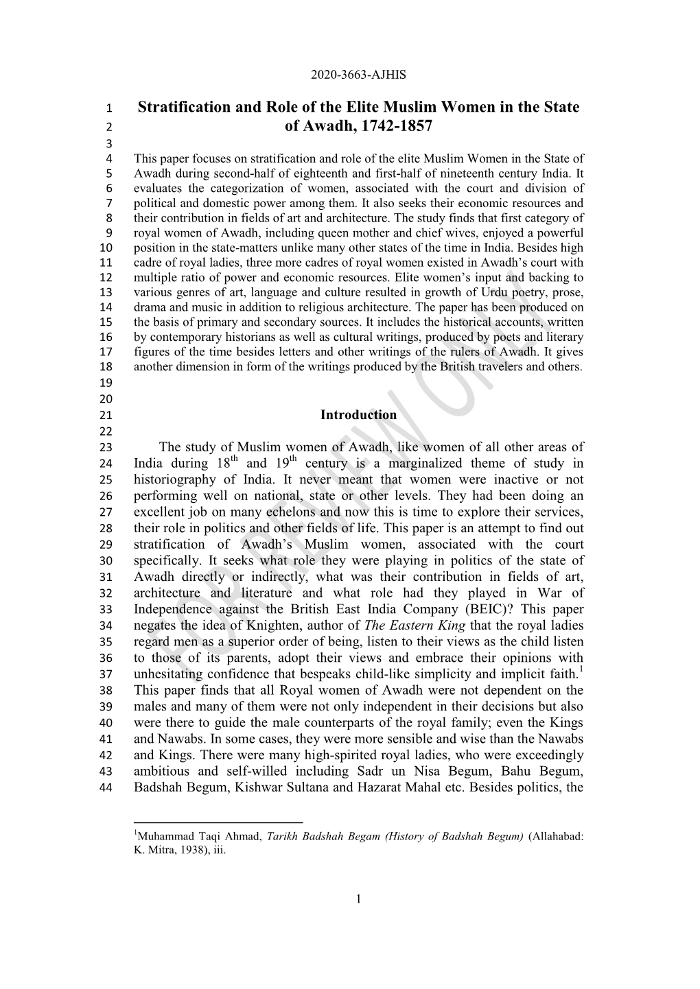 Stratification and Role of the Elite Muslim Women in the State of 5 Awadh During Second-Half of Eighteenth and First-Half of Nineteenth Century India