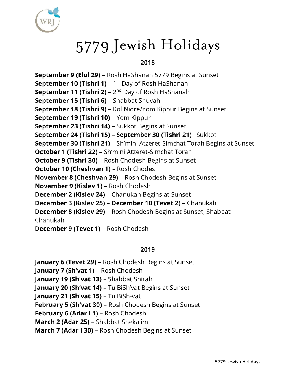 5779 Jewish Holidays