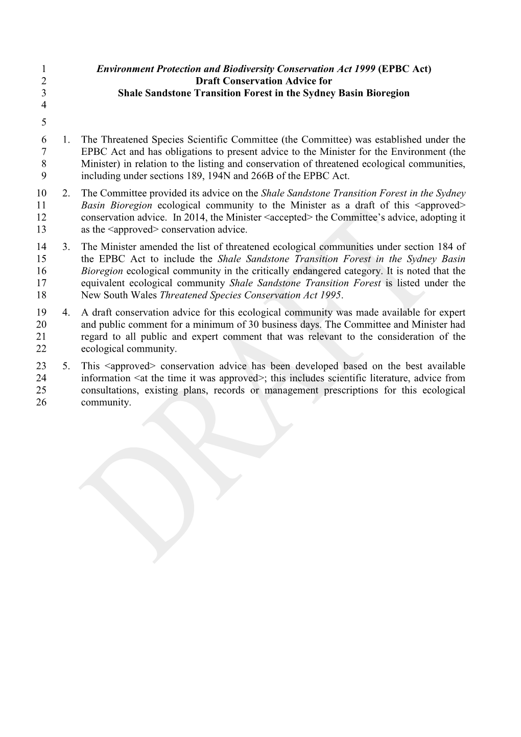 Draft Conservation Advice for Shale Sandstone Transition Forest in The