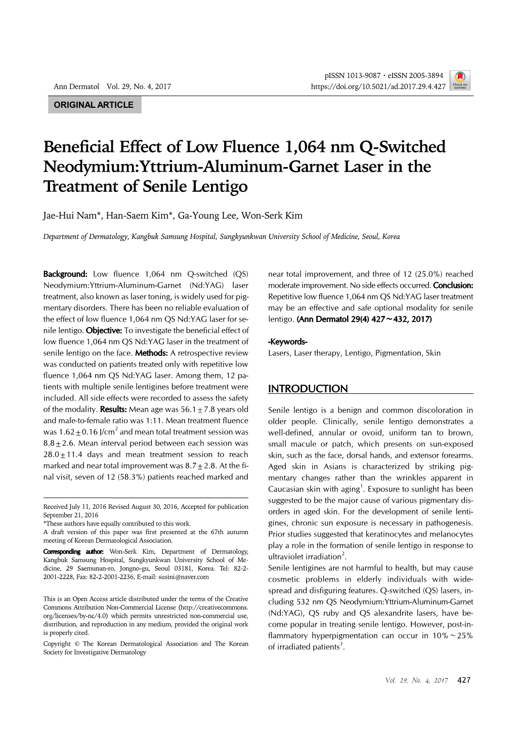 Beneficial Effect of Low Fluence 1,064 Nm Q-Switched Neodymium:Yttrium-Aluminum-Garnet Laser in the Treatment of Senile Lentigo