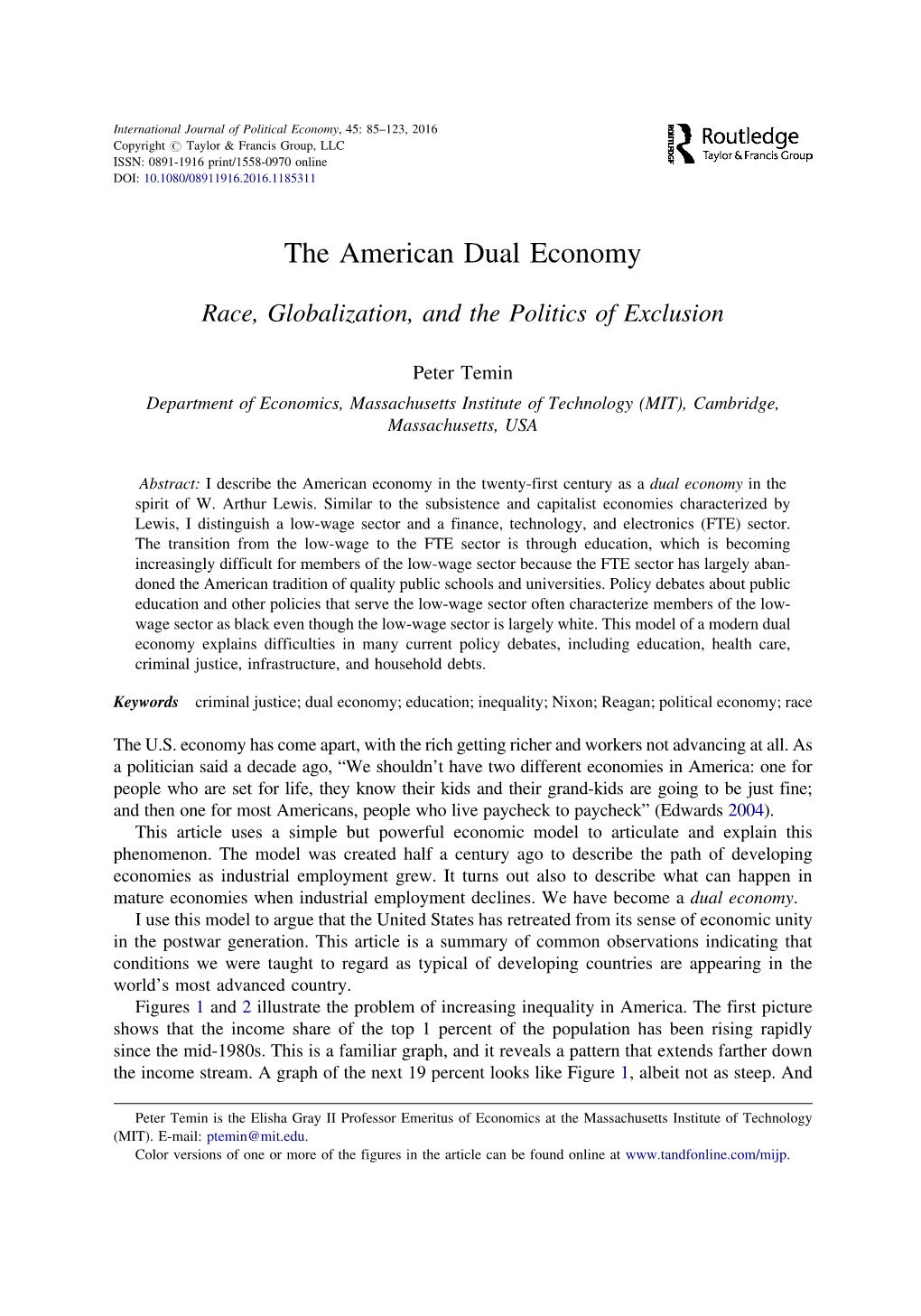 The American Dual Economy. Race, Globalization, and the Politics Of