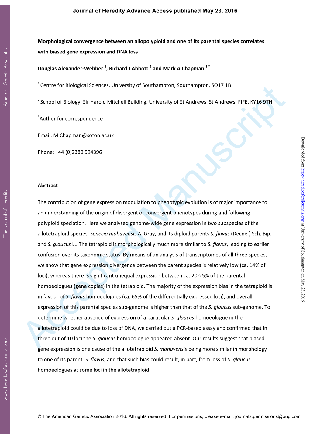 Morphological Convergence Between an Allopolyploid and One of Its Parental Species Correlates with Biased Gene Expression and DNA Loss