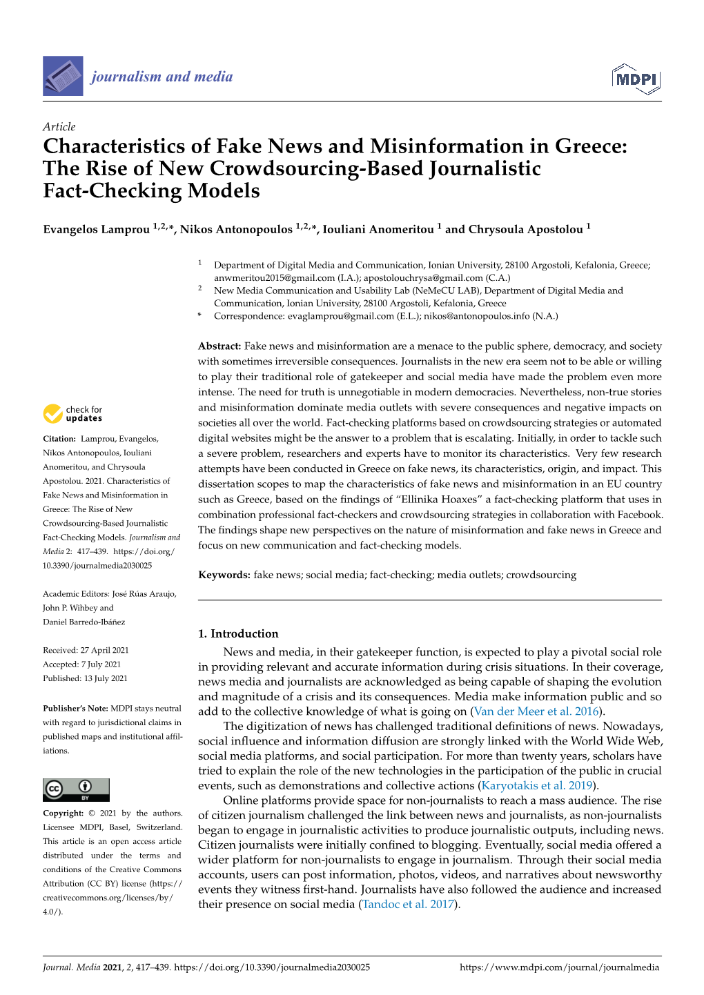 Characteristics of Fake News and Misinformation in Greece: the Rise of New Crowdsourcing-Based Journalistic Fact-Checking Models