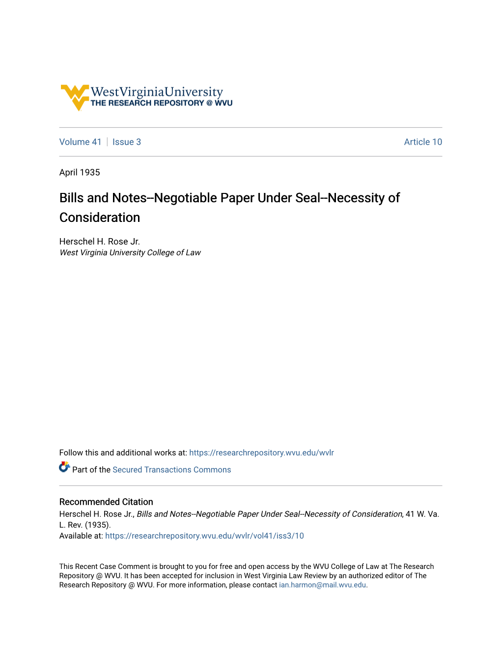 Negotiable Paper Under Seal--Necessity of Consideration