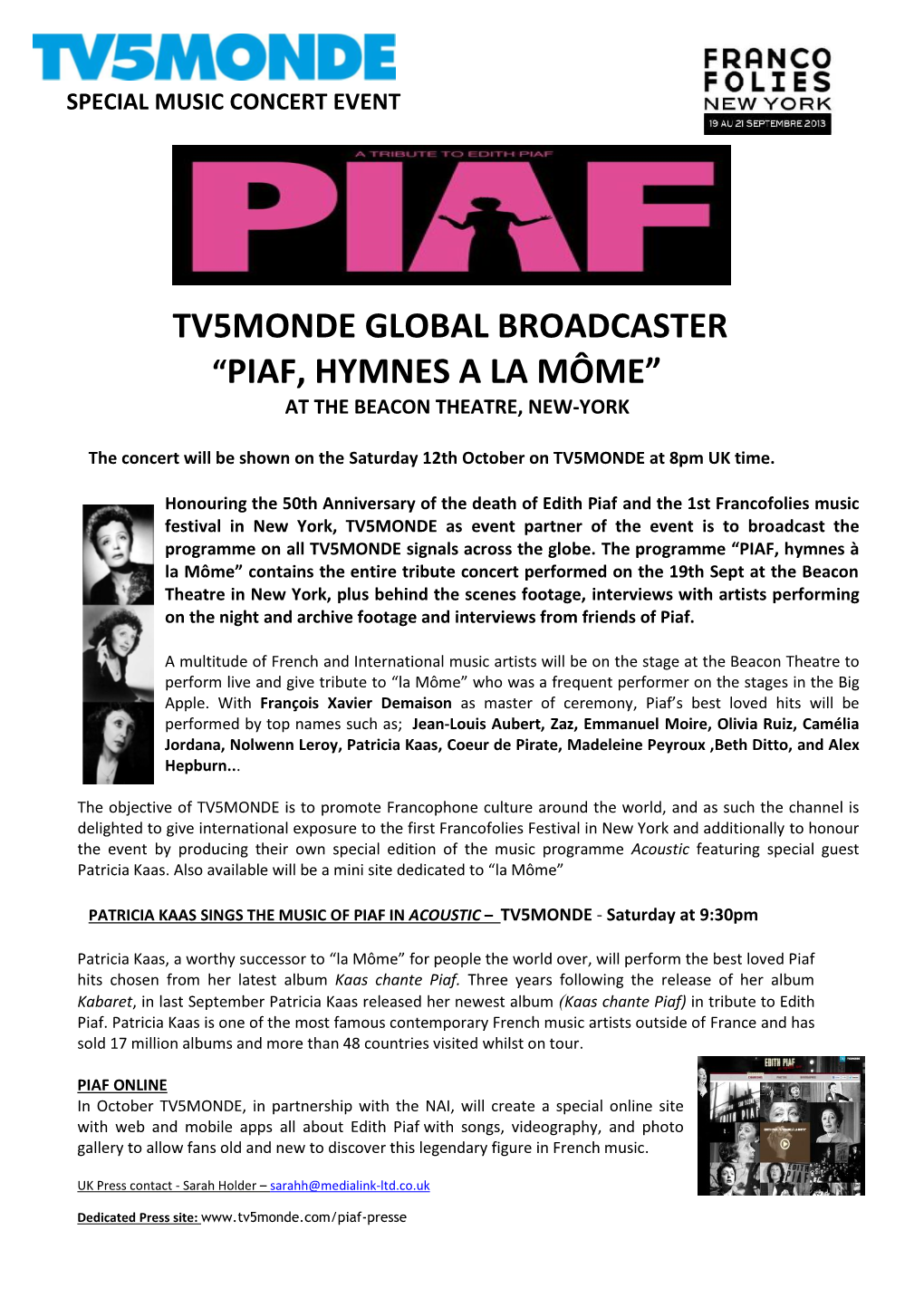 Piaf, Hymnes a La Môme” at the Beacon Theatre, New-York