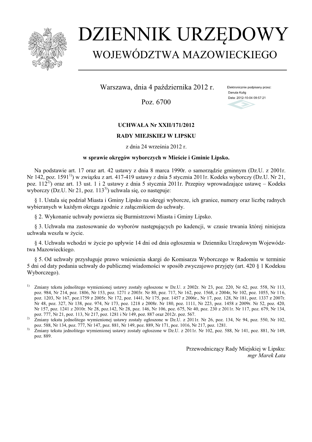 Uchwała Nr XXII/171/2012 Z Dnia 24 Września 2012 R