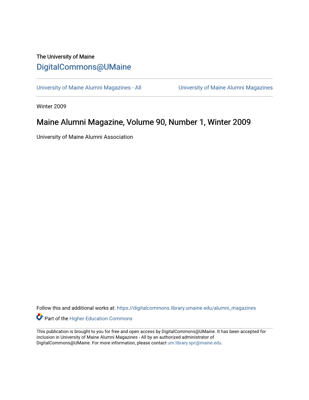 Maine Alumni Magazine, Volume 90, Number 1, Winter 2009