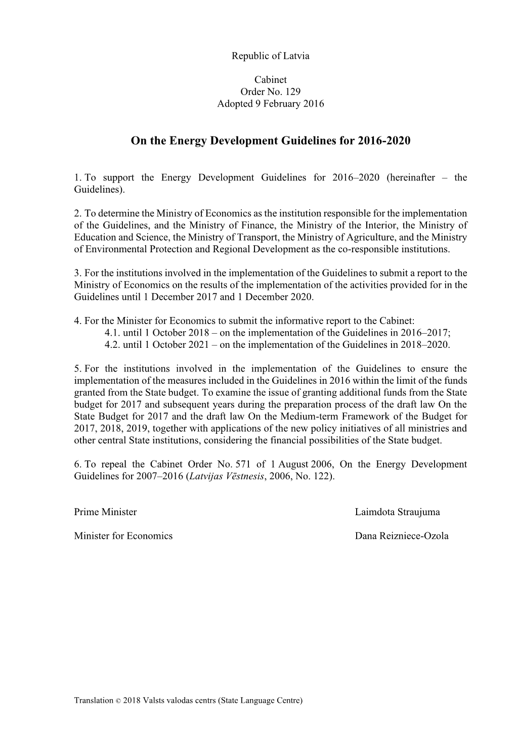 On the Energy Development Guidelines for 2016-2020