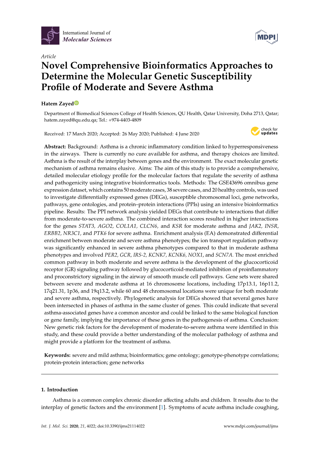 Novel Comprehensive Bioinformatics Approaches to Determine the Molecular Genetic Susceptibility Proﬁle of Moderate and Severe Asthma