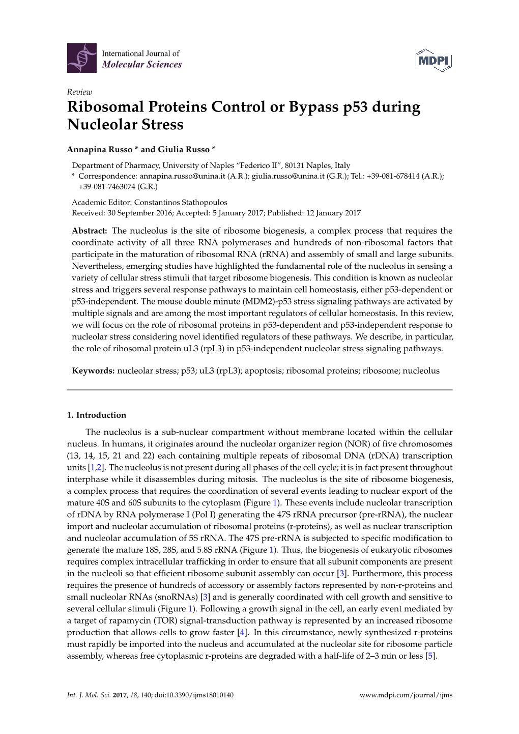 Ribosomal Proteins Control Or Bypass P53 During Nucleolar Stress