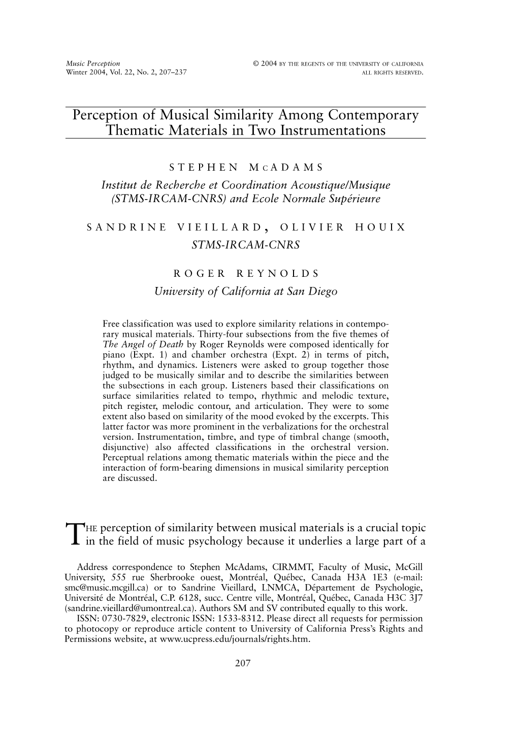 Perception of Musical Similarity Among Contemporary Thematic Materials in Two Instrumentations