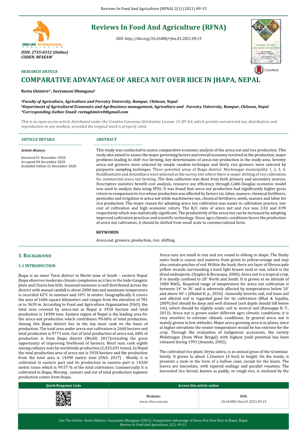 Comparative Advantage of Areca Nut Over Rice in Jhapa, Nepal